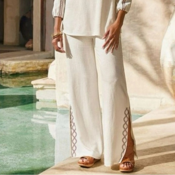 Soft Surroundings Mirage Linen Embroidered Wide Leg Pant Boho Beachy Cream 1X - Picture 1 of 8